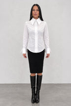 White cotton shirt - oversized collar, extra-large designer cuffs, fitted silhouette, Belinda | EUG Fashion #white

