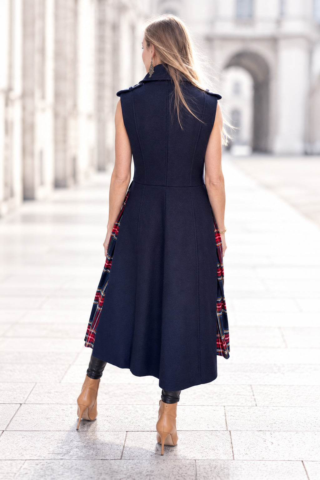 Dark Blue sleeveless wool coat - flared silhouette, red tartan side pleats and angled pocket flaps, Evelin | EUG Fashion #dark-blue⠋