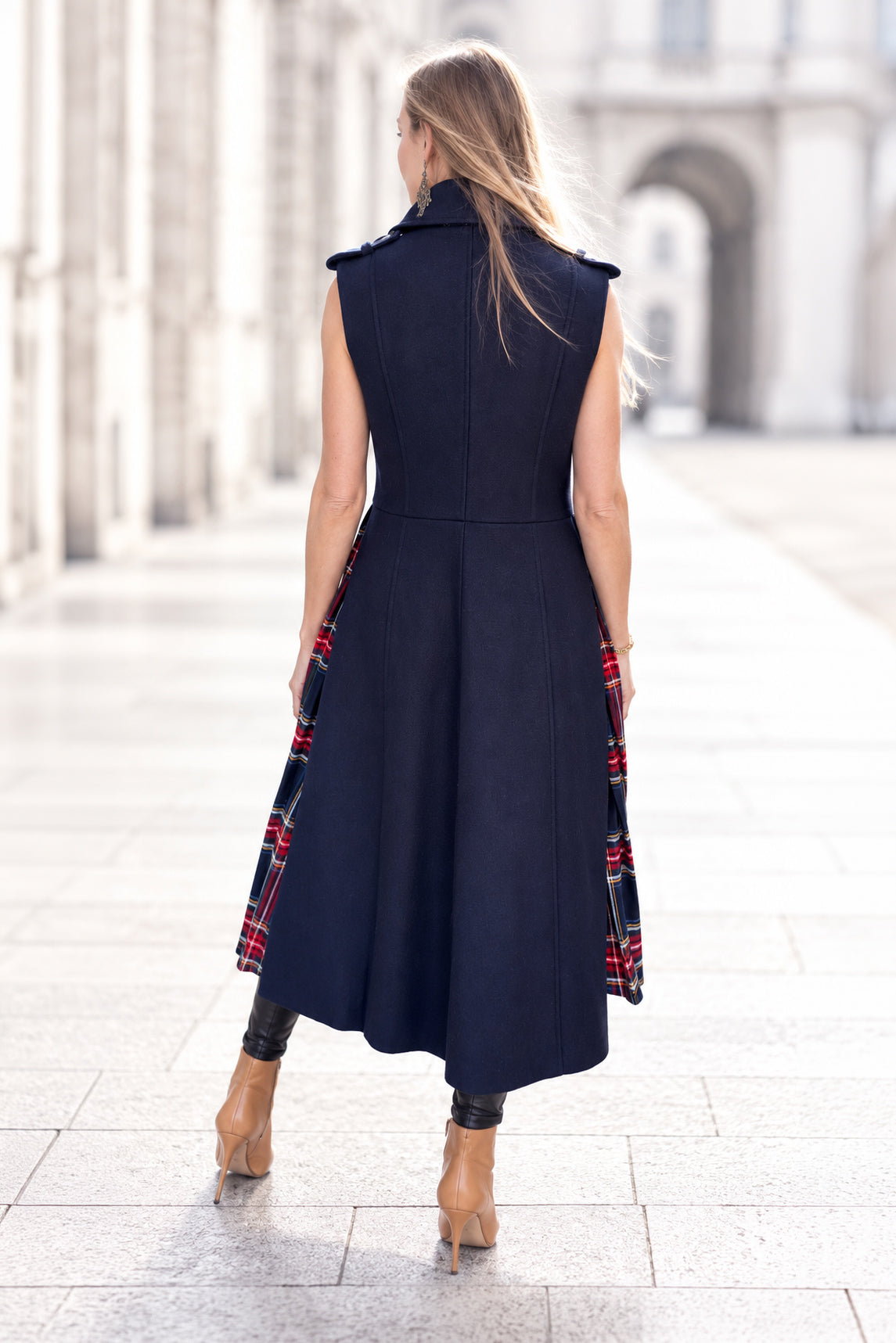 Dark Blue sleeveless wool coat - flared silhouette, red tartan side pleats and angled pocket flaps, Evelin | EUG Fashion #dark-blue⠋