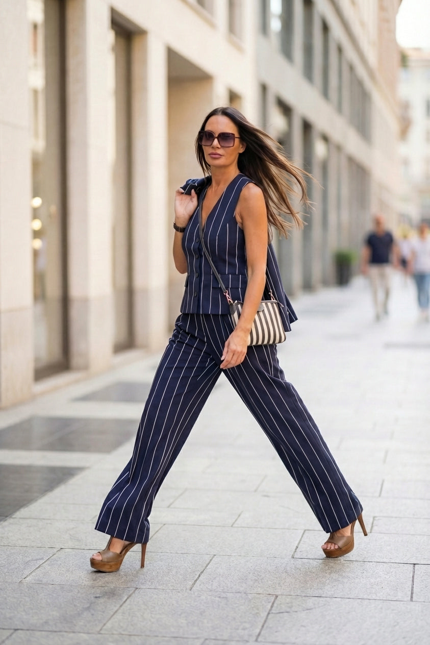 A woman walking on a city sidewalk wearing a navy blue sleeveless pinstripe vest and matching wide-leg trousers, paired with brown high heels and a striped handbag.