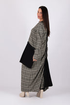 Plaid maxi dress - black and beige pattern, large black pockets, gathered back panel and thumb-hole sleeves, Lara | EUG Fashion #plaid