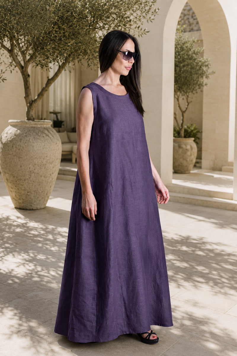 linen long sleeveless dress #smoky-purple