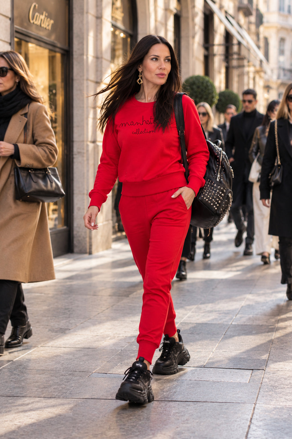 Red tracksuit - slim-fit cotton terry sweatshirt and pants with Manhattan Collection lettering, Gery | EUG Fashion #red