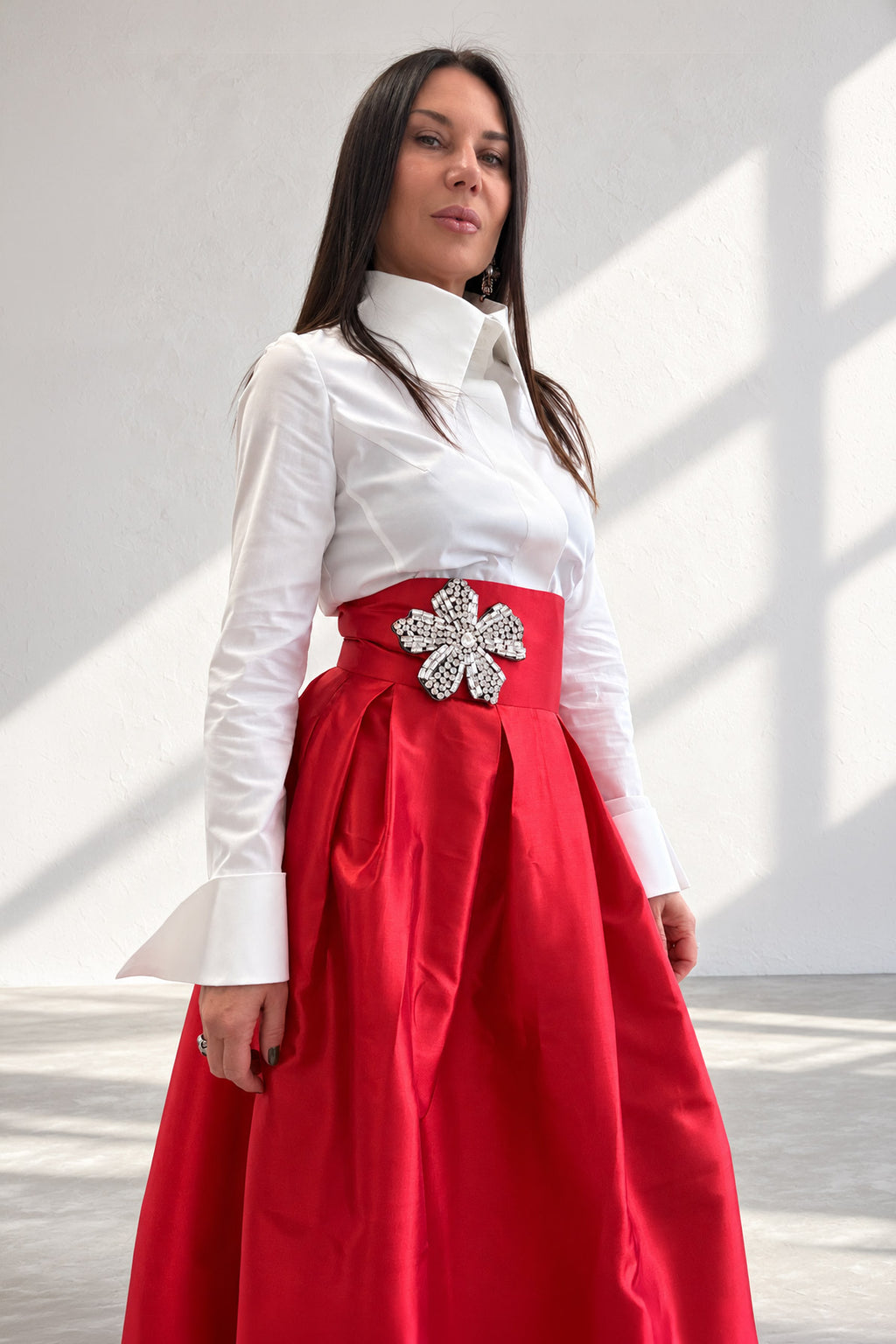 Red handmade taffeta long skirt - wide waistband, deep pleats and statement flower brooch, Rubin | EUG Fashion #red