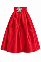 Red handmade taffeta long skirt - wide waistband, deep pleats and statement flower brooch, Rubin | EUG Fashion #red