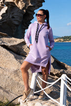 Light Purple cotton fleece hooded dress - short asymmetric hem, long sleeves, side slits and pockets, Simona | EUG Fashion #light-purple