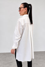 White asymmetric cotton shirt - large front pockets, high-low hem, long sleeves with buttoned cuffs, Anel | EUG Fashion #white