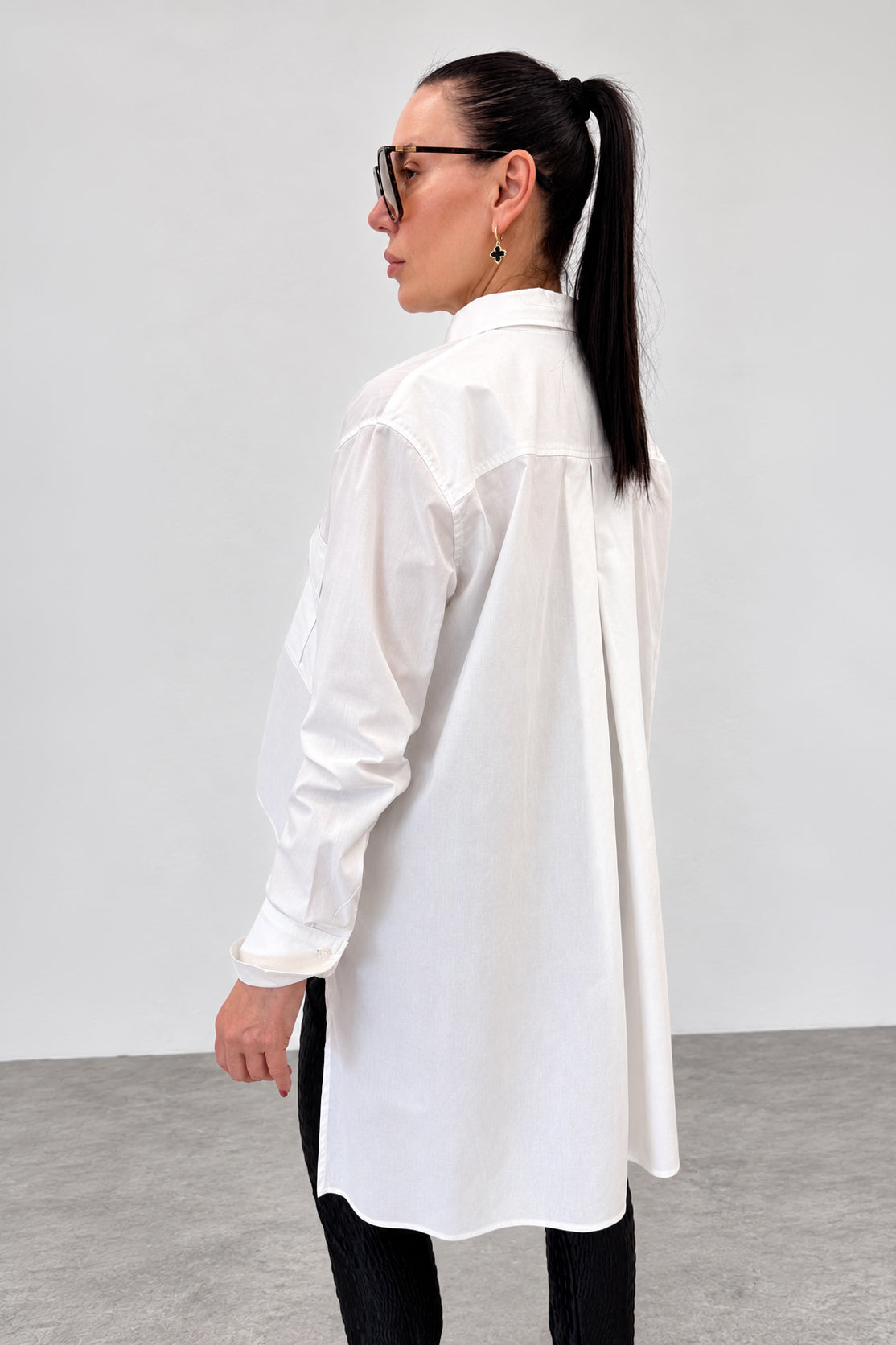 White asymmetric cotton shirt - large front pockets, high-low hem, long sleeves with buttoned cuffs, Anel | EUG Fashion #white