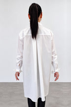 White asymmetric cotton shirt - large front pockets, high-low hem, long sleeves with buttoned cuffs, Anel | EUG Fashion #white