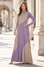 Light Beige and Light Purple A-line dress - two-tone geometric pattern, turtleneck and thumb-hole sleeves, Vivian | EUG Fashion #light-beige