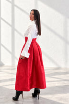 Red handmade taffeta long skirt - wide waistband, deep pleats and statement flower brooch, Rubin | EUG Fashion #red