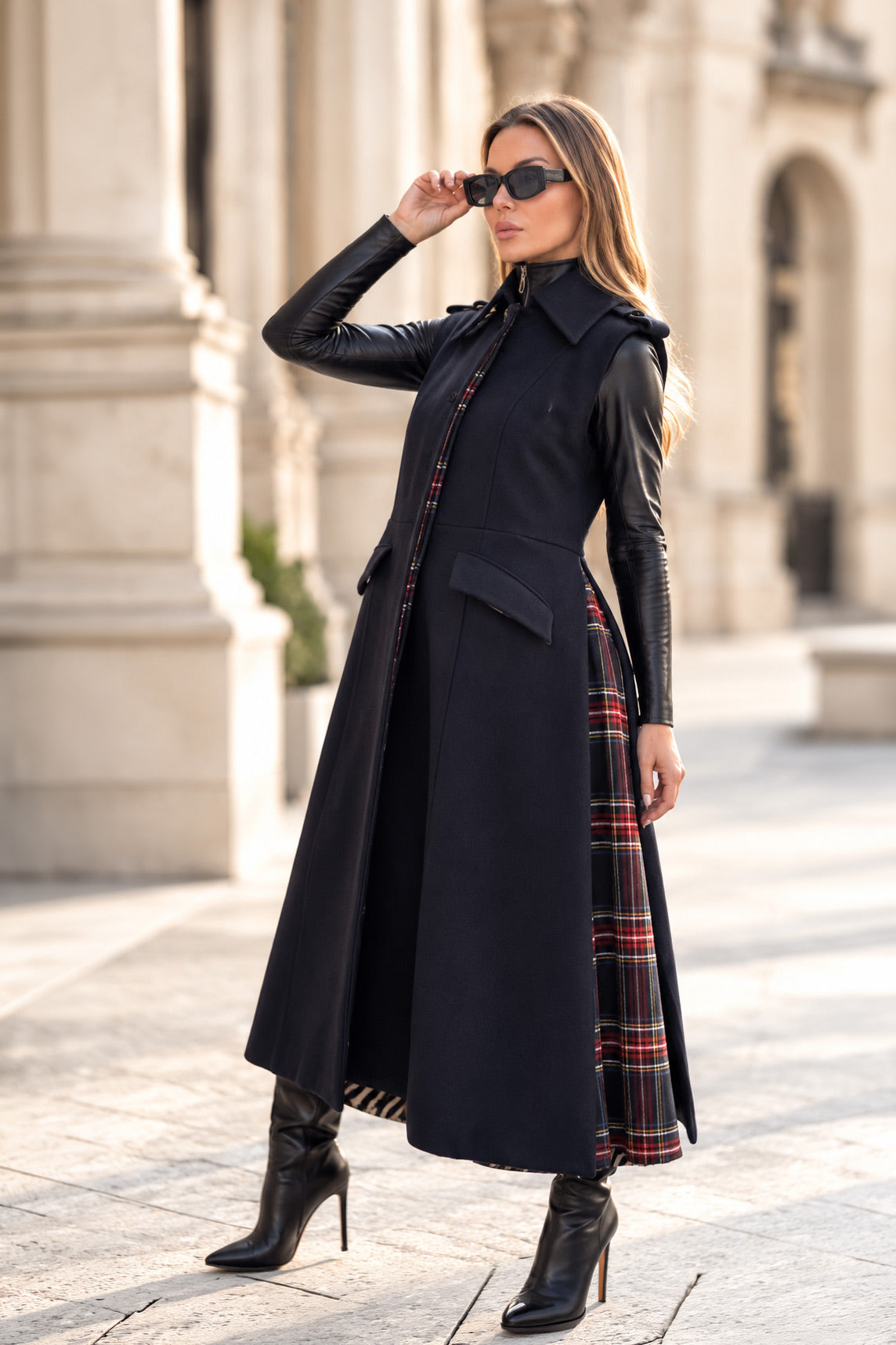 Dark Blue sleeveless wool coat - flared silhouette, red tartan side pleats and angled pocket flaps, Evelin | EUG Fashion #dark-blue⠋