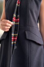 Dark Blue sleeveless wool coat - flared silhouette, red tartan side pleats and angled pocket flaps, Evelin | EUG Fashion #dark-blue⠋
