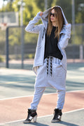 Light Grey winter tracksuit - hooded zip-up sweatshirt and harem pants with pockets, Mell | EUG Fashion #light-grey
