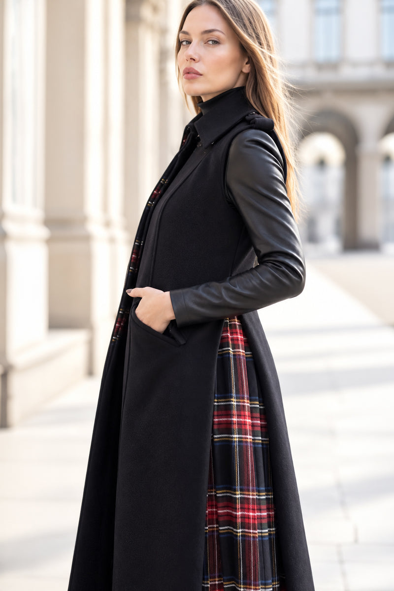 Dark Blue sleeveless wool coat - flared silhouette, red tartan side pleats and angled pocket flaps, Evelin | EUG Fashion #dark-blue⠋