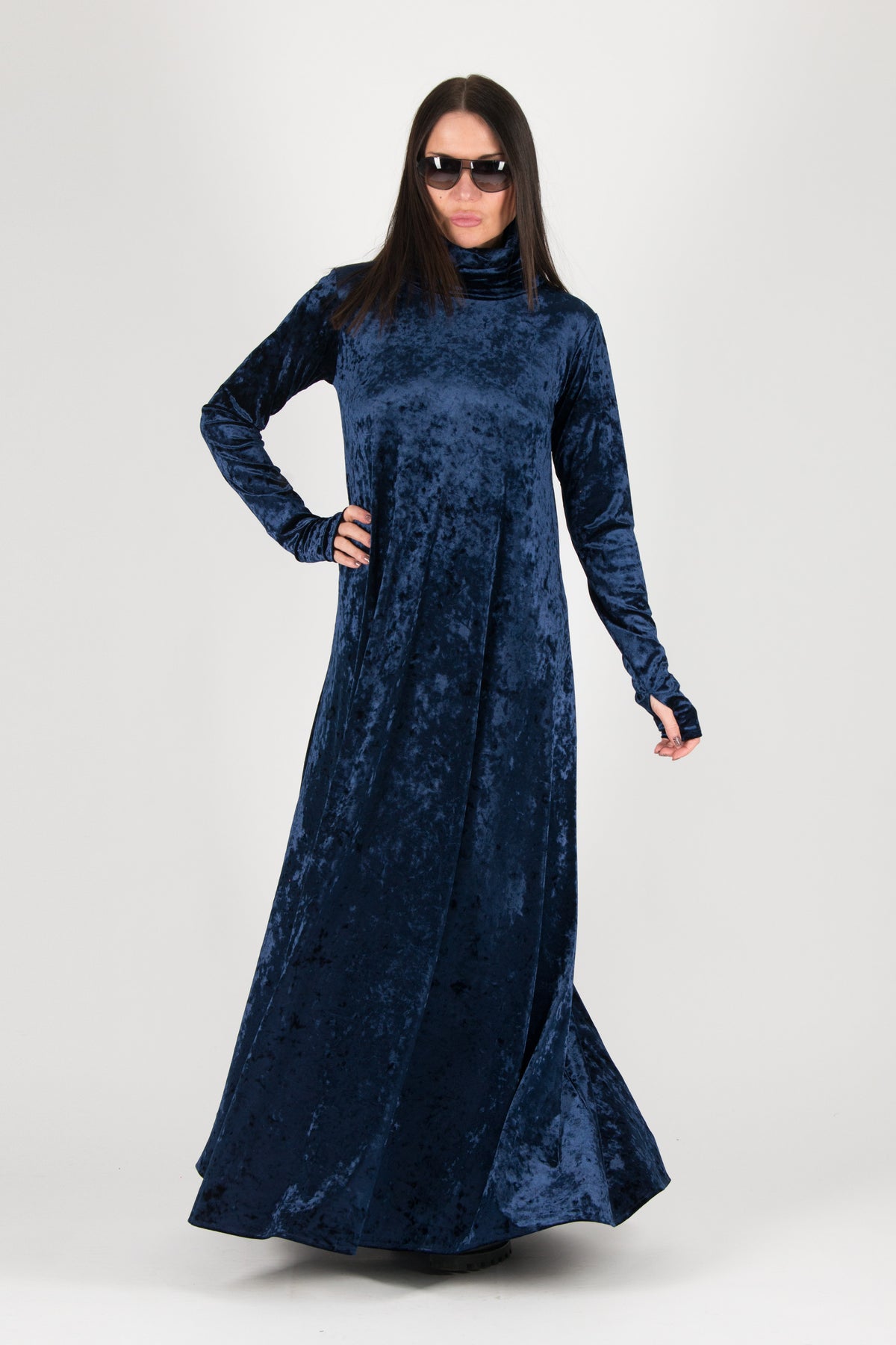 Dark blue silk velvet turtleneck A-line dress Vivian - EUG Fashion #dark-blue
