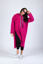 Hot Pink cotton fleece hooded dress - loose fit, wide sleeves, below-knee length, slit and back lettering, Ella | EUG Fashion #hot-pink