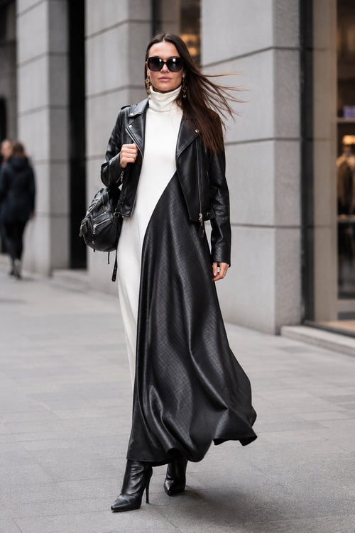 Black and white leather-look punto milano A-line dress Vivian - EUG Fashion 