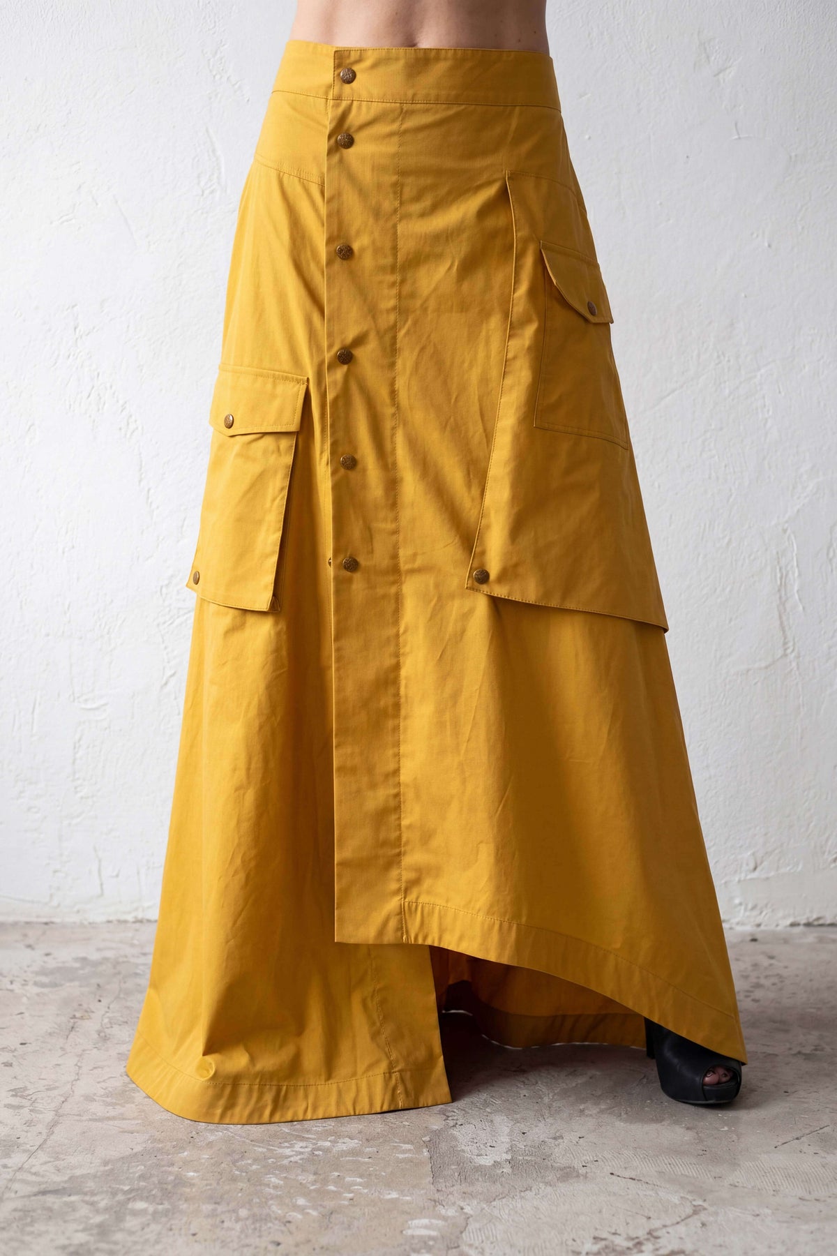 Mustard A-line maxi cotton skirt Jade with overlap closure and press-stud pockets - EUG Fashion #mustard
