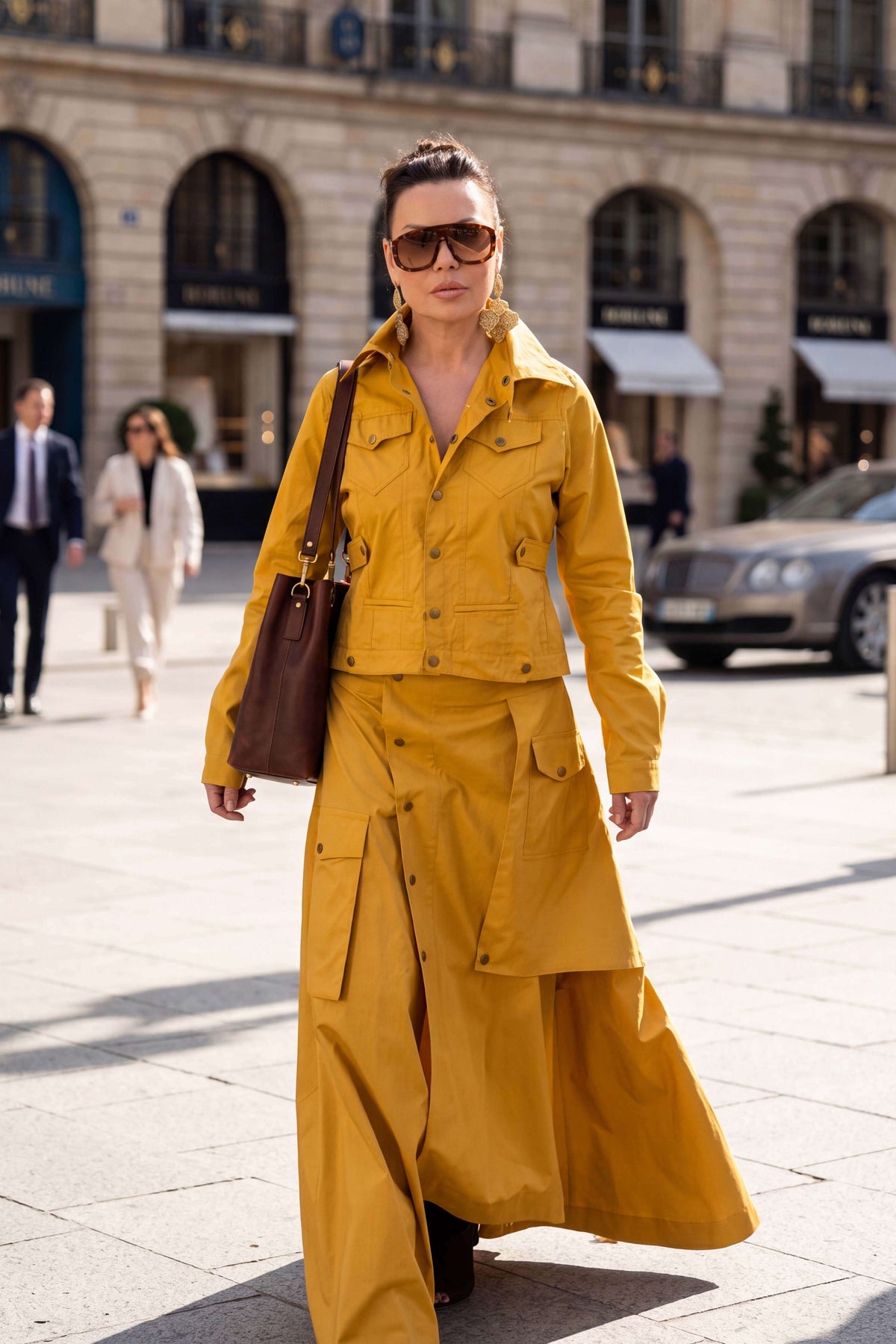 Mustard A-line maxi cotton skirt Jade with overlap closure and press-stud pockets - EUG Fashion #mustard
