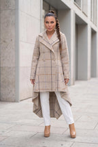 Beige plaid asymmetric coat Albena double-breasted with covered buttons - EUG Fashion #beige
