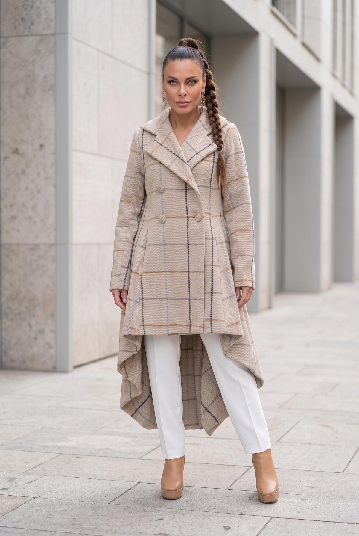 Beige plaid asymmetric coat Albena double-breasted with covered buttons - EUG Fashion #beige

