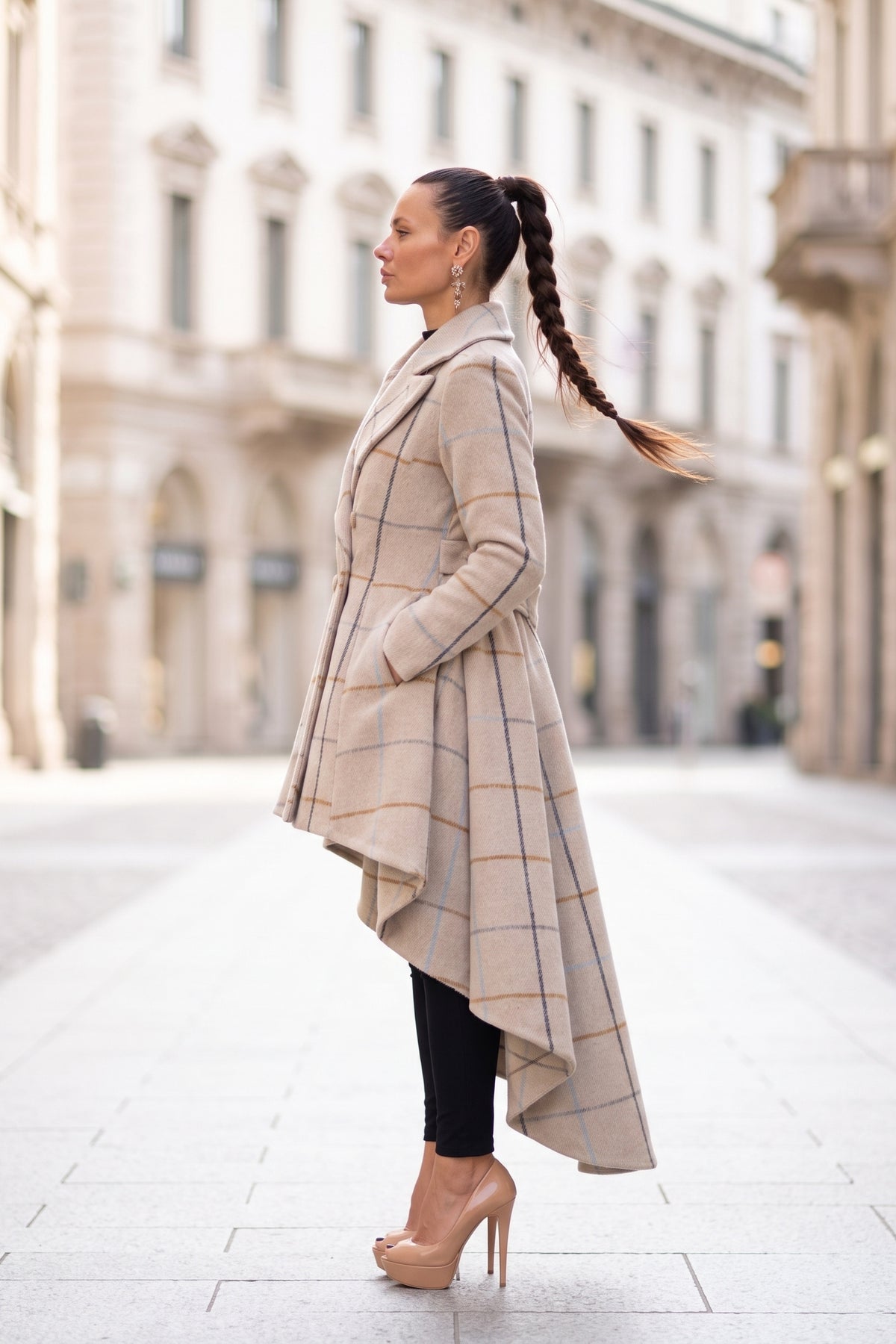 Beige plaid asymmetric coat Albena double-breasted with covered buttons - EUG Fashion #beige
