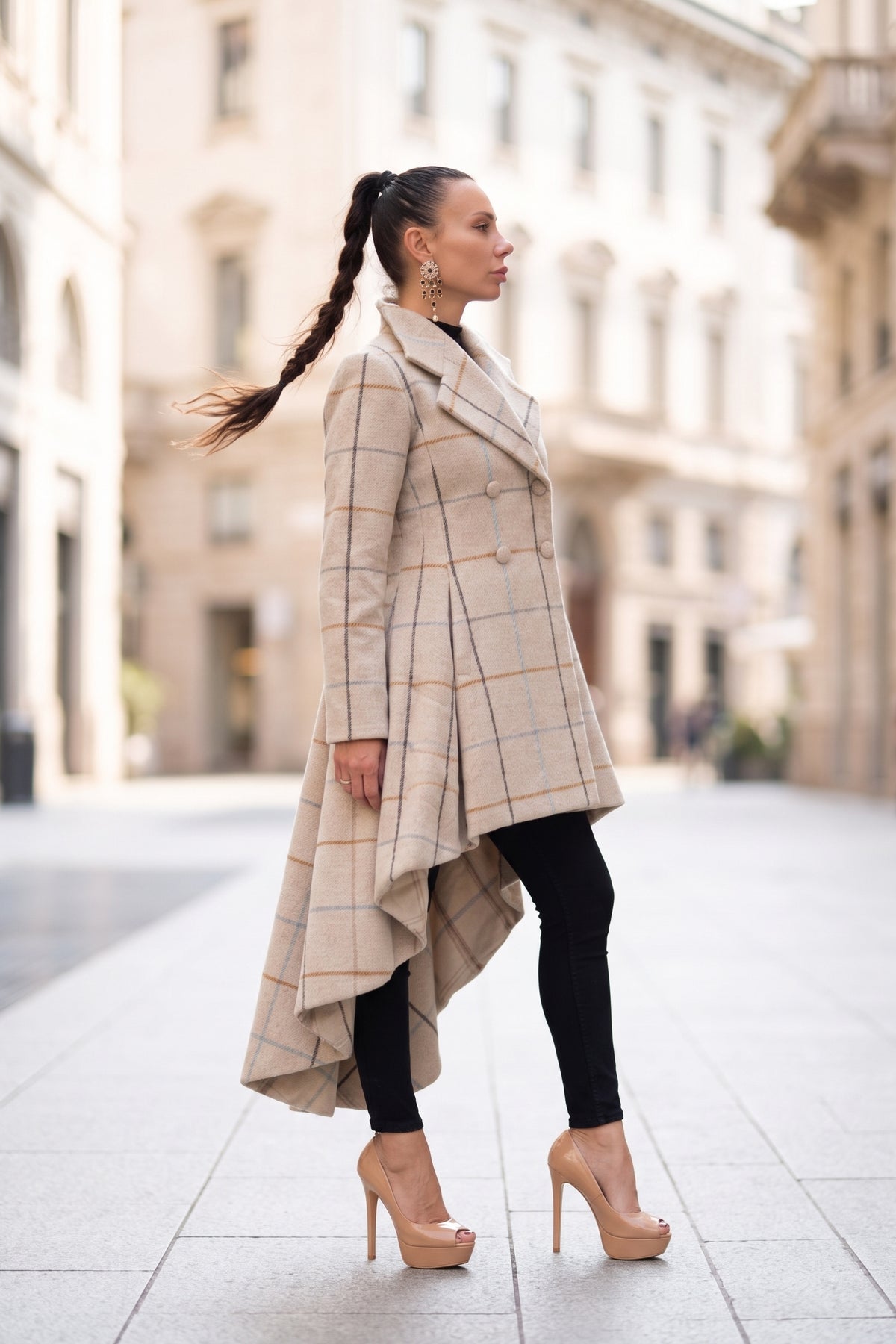 Beige plaid asymmetric coat Albena double-breasted with covered buttons - EUG Fashion #beige
