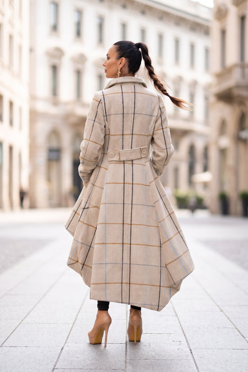 Beige plaid asymmetric coat Albena double-breasted with covered buttons - EUG Fashion #beige
