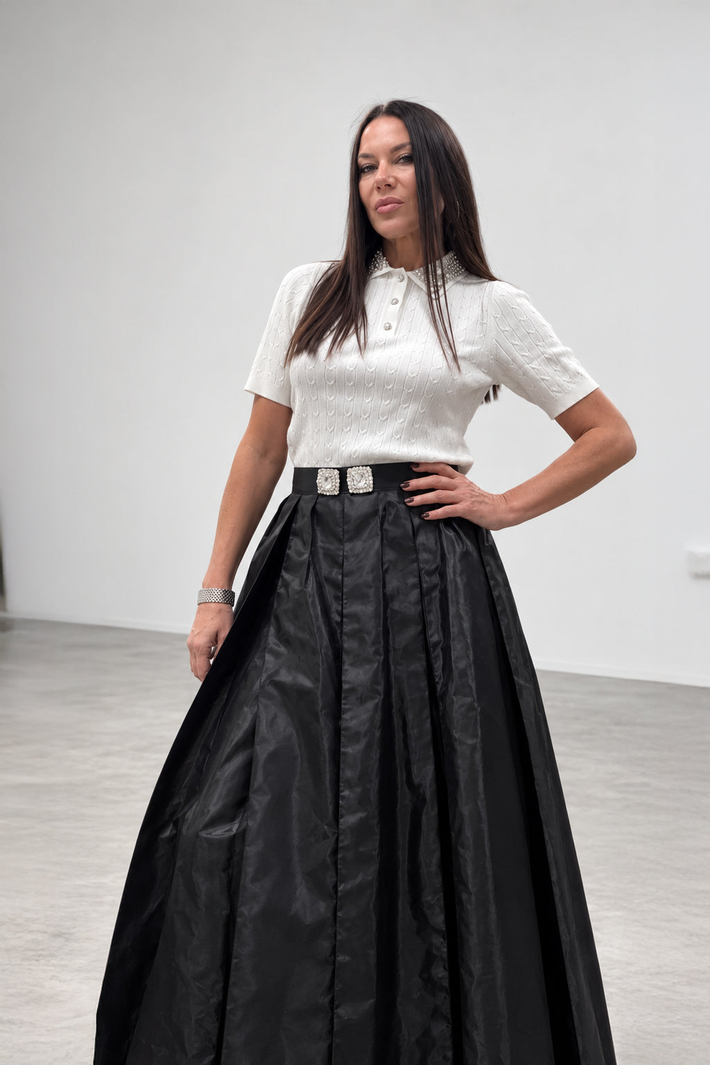 Black taffeta skirt - ankle-length pleats, statement waistband brooches, mid-rise waist, Alena | EUG Fashion #black