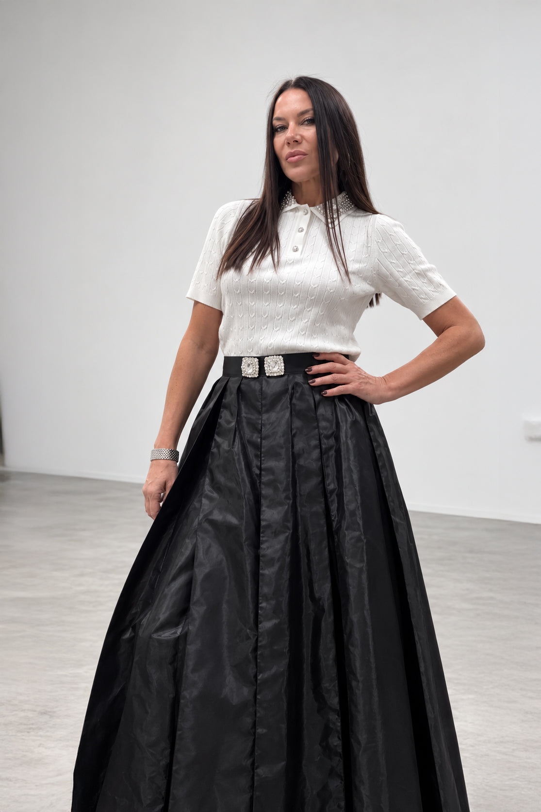 Black taffeta skirt - ankle-length pleats, statement waistband brooches, mid-rise waist, Alena | EUG Fashion #black