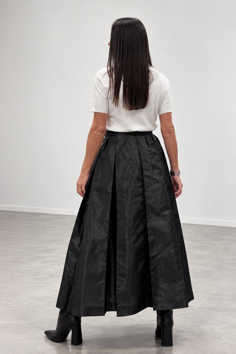 Black taffeta skirt - ankle-length pleats, statement waistband brooches, mid-rise waist, Alena | EUG Fashion #black