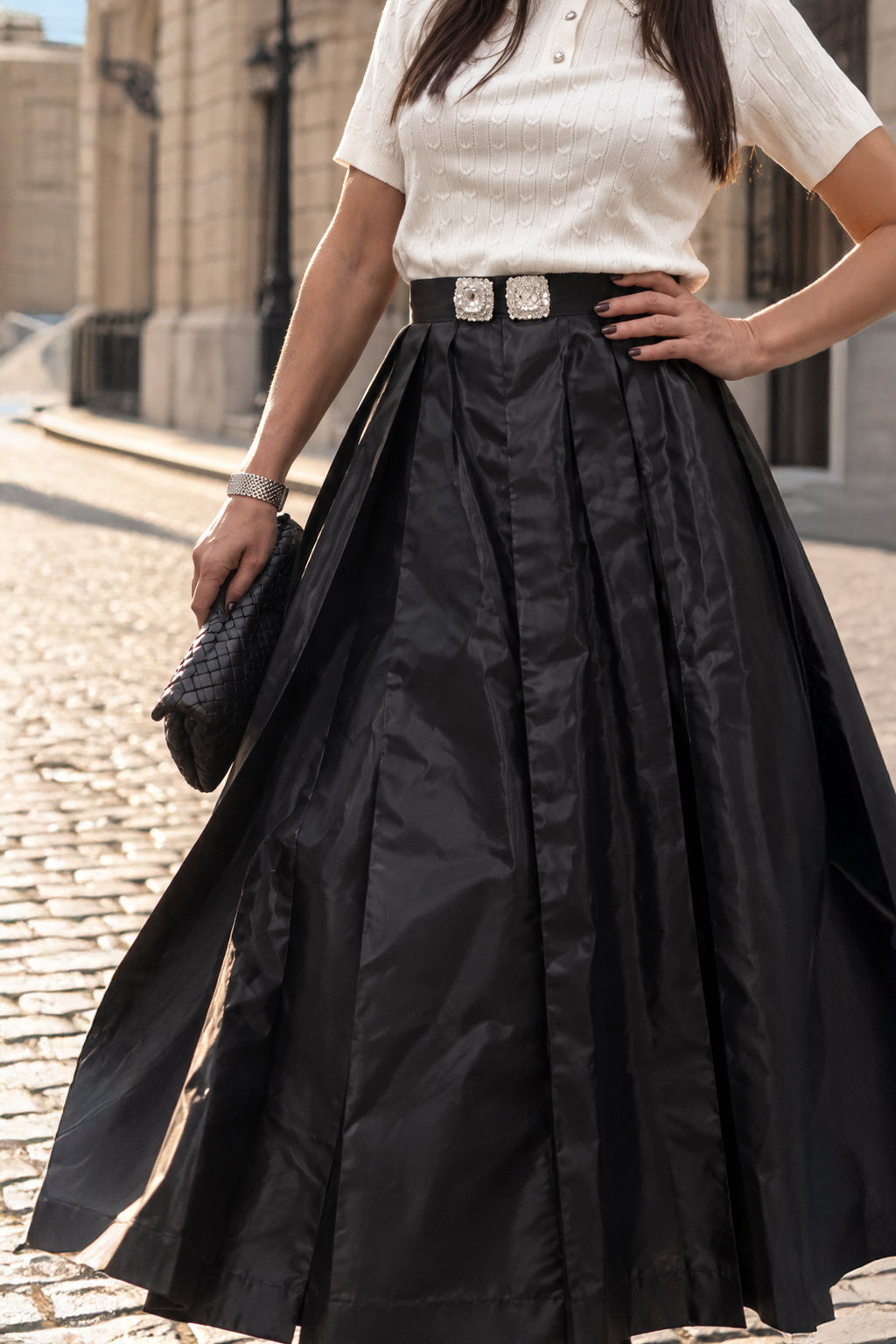 Black taffeta skirt - ankle-length pleats, statement waistband brooches, mid-rise waist, Alena | EUG Fashion #black