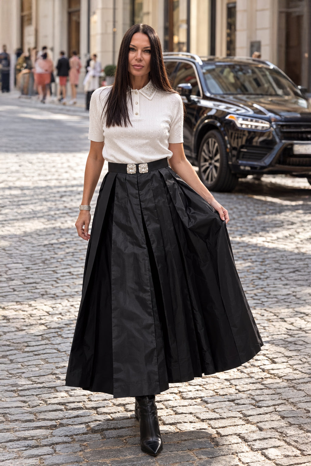 Black taffeta skirt - ankle-length pleats, statement waistband brooches, mid-rise waist, Alena | EUG Fashion #black