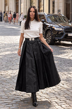 Black taffeta skirt - ankle-length pleats, statement waistband brooches, mid-rise waist, Alena | EUG Fashion #black