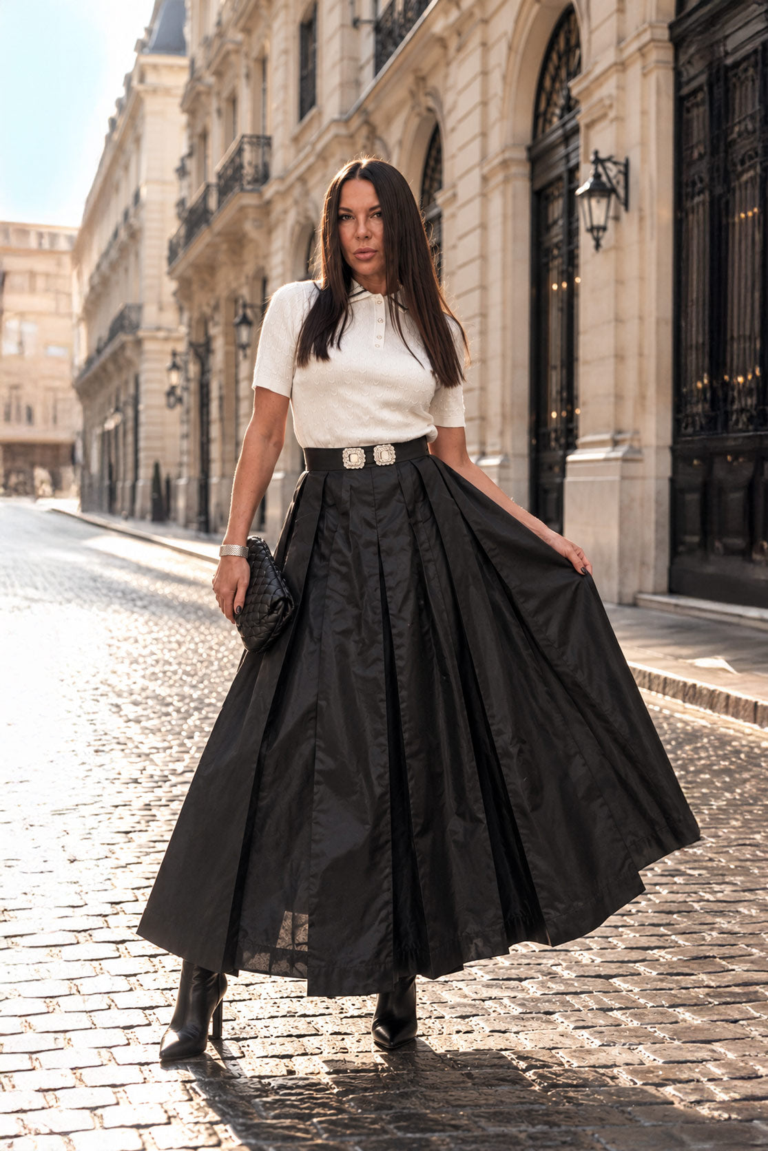 Black taffeta skirt - ankle-length pleats, statement waistband brooches, mid-rise waist, Alena | EUG Fashion #black