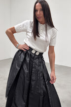 Black taffeta skirt - ankle-length pleats, statement waistband brooches, mid-rise waist, Alena | EUG Fashion #black