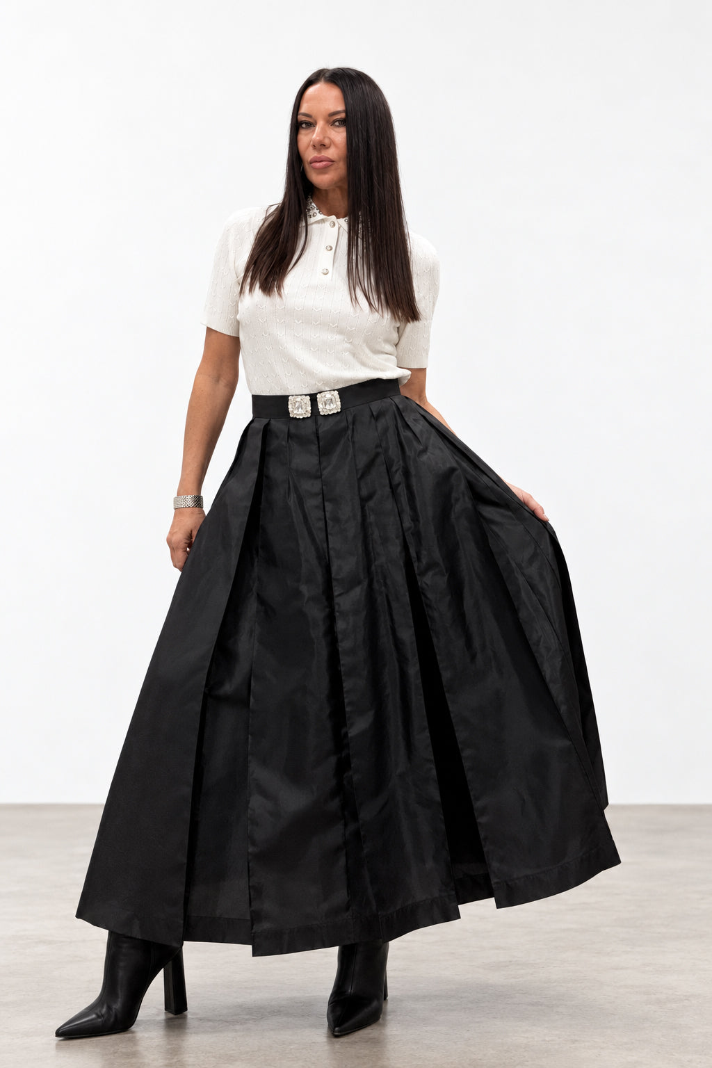 Black taffeta skirt - ankle-length pleats, statement waistband brooches, mid-rise waist, Alena | EUG Fashion #black