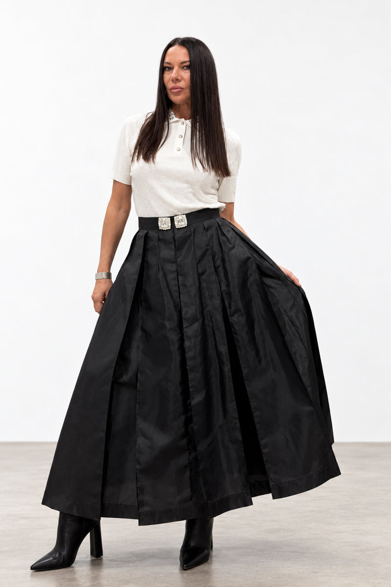 Black taffeta skirt - ankle-length pleats, statement waistband brooches, mid-rise waist, Alena | EUG Fashion #black