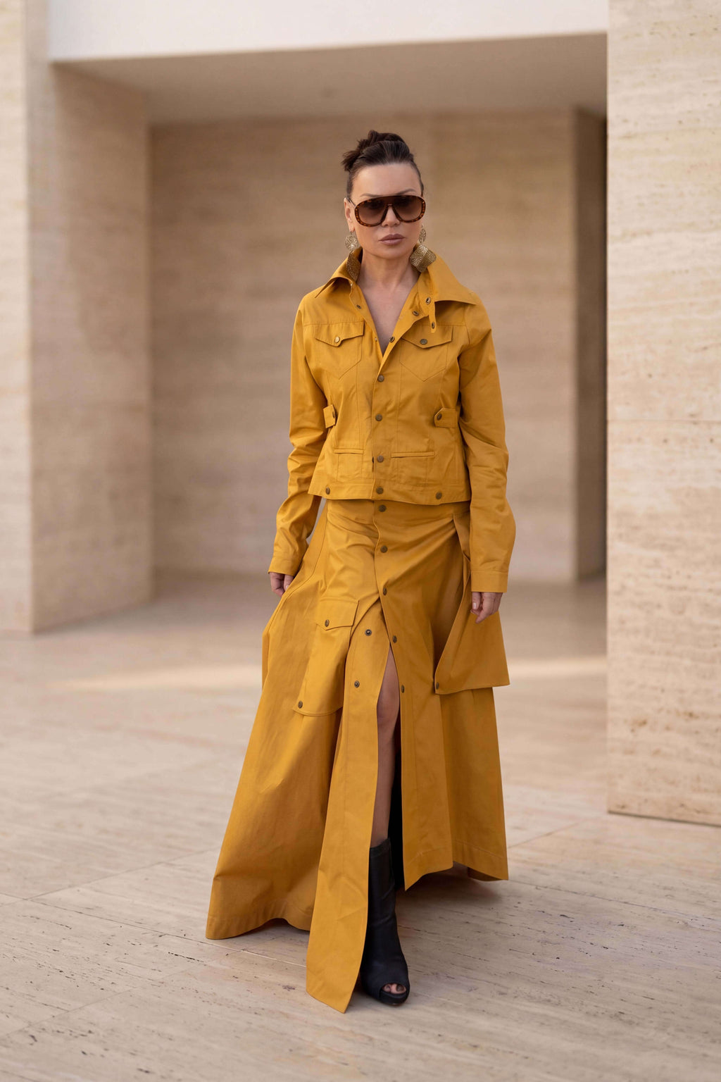 Mustard A-line maxi cotton skirt Jade with overlap closure and press-stud pockets - EUG Fashion #mustard
