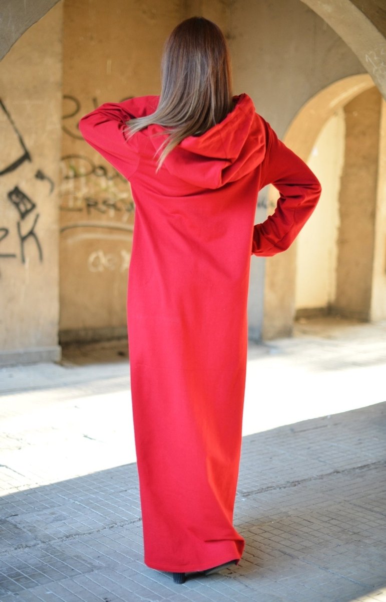 Autumn Red Hooded Maxi Dress IREN - EUG Fashion