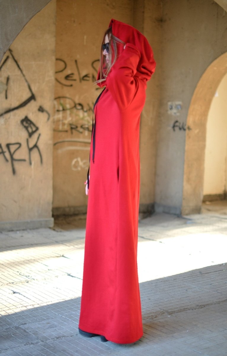 Autumn Red Hooded Maxi Dress IREN - EUG Fashion