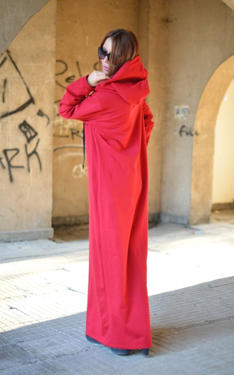 Autumn Red Hooded Maxi Dress IREN - EUG Fashion