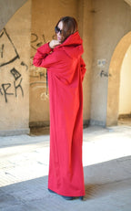 Autumn Red Hooded Maxi Dress IREN - EUG Fashion