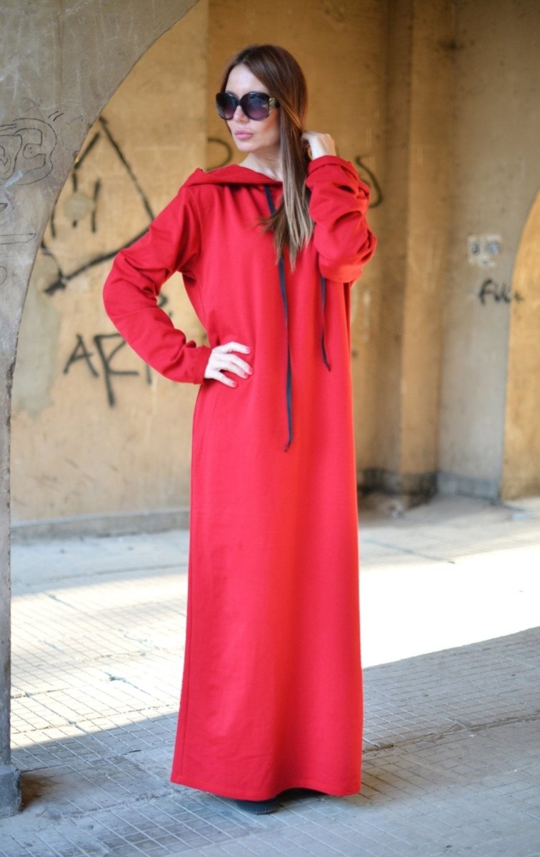 Autumn Red Hooded Maxi Dress IREN - EUG Fashion