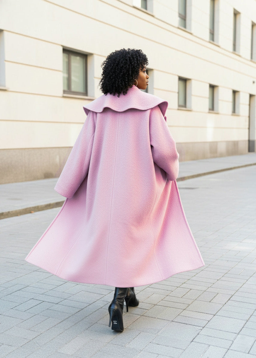 Person wearing a pink coat walking on a sidewalk.