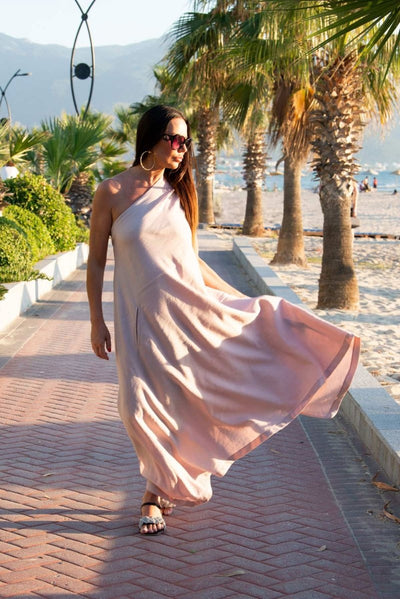 Baby Pink Linen One Shoulder Dress TIFFANY - EUG Fashion EugFashion 