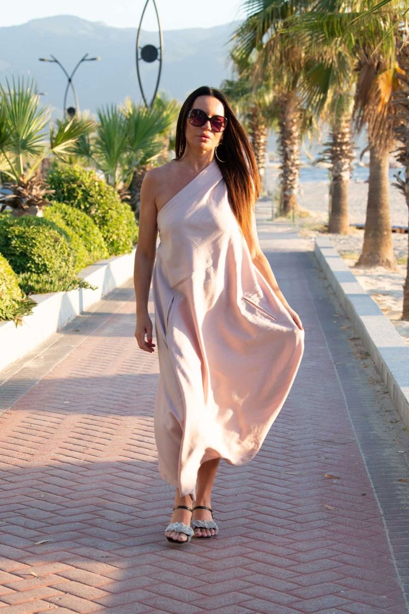 Baby Pink Linen One Shoulder Dress TIFFANY - EUG Fashion EugFashion 