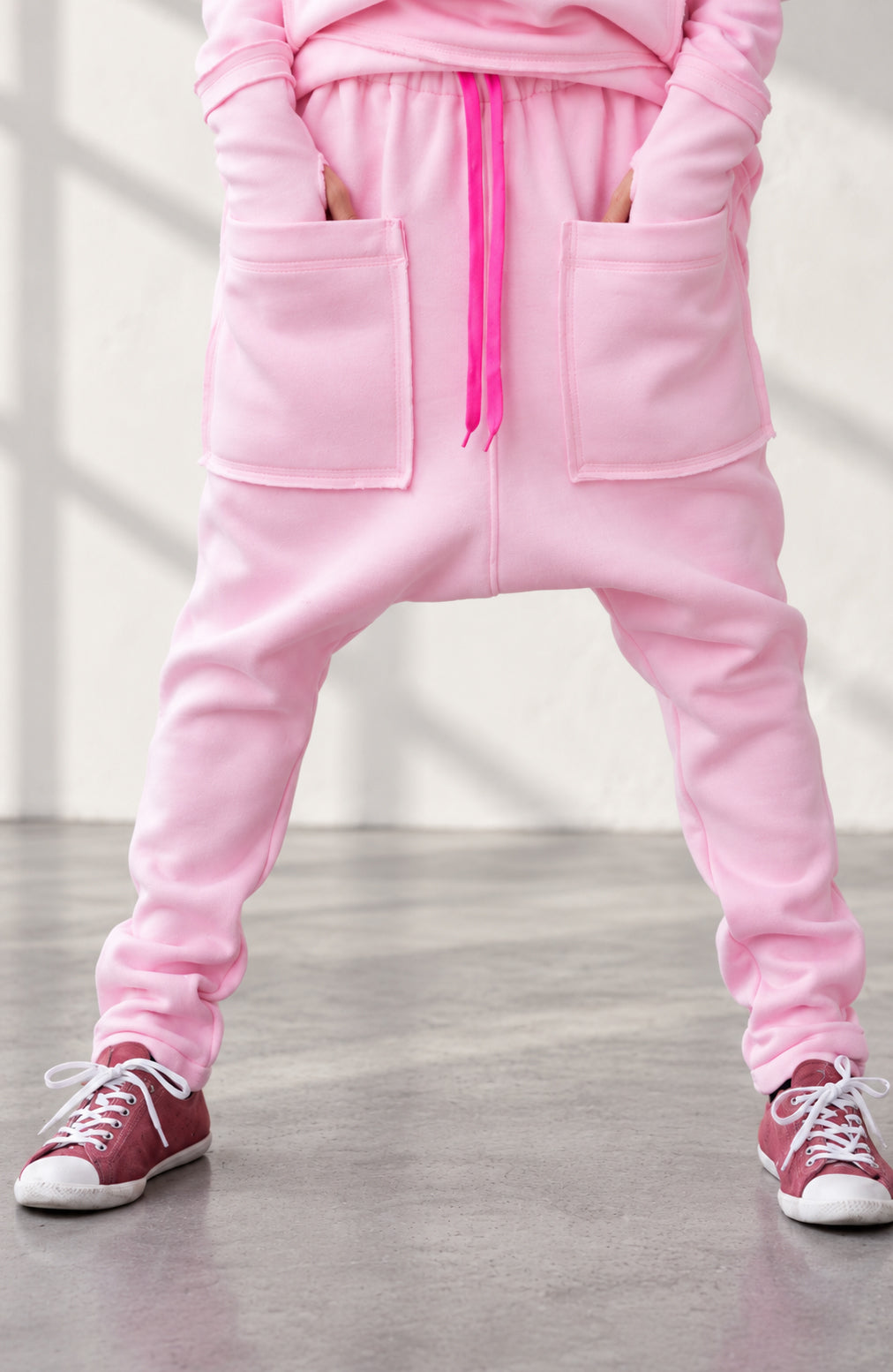 Baby pink cotton tracksuit with oversized hoodie and harem trousers - relaxed comfortable fit, Megan | EUG Fashion #baby-pink