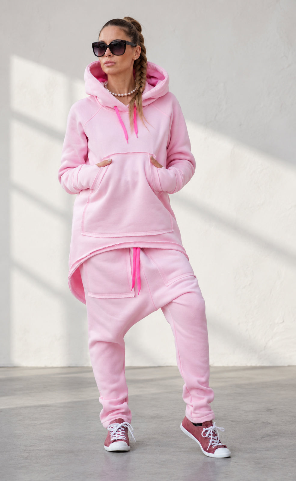 Baby pink cotton tracksuit with oversized hoodie and harem trousers - relaxed comfortable fit, Megan | EUG Fashion #baby-pink